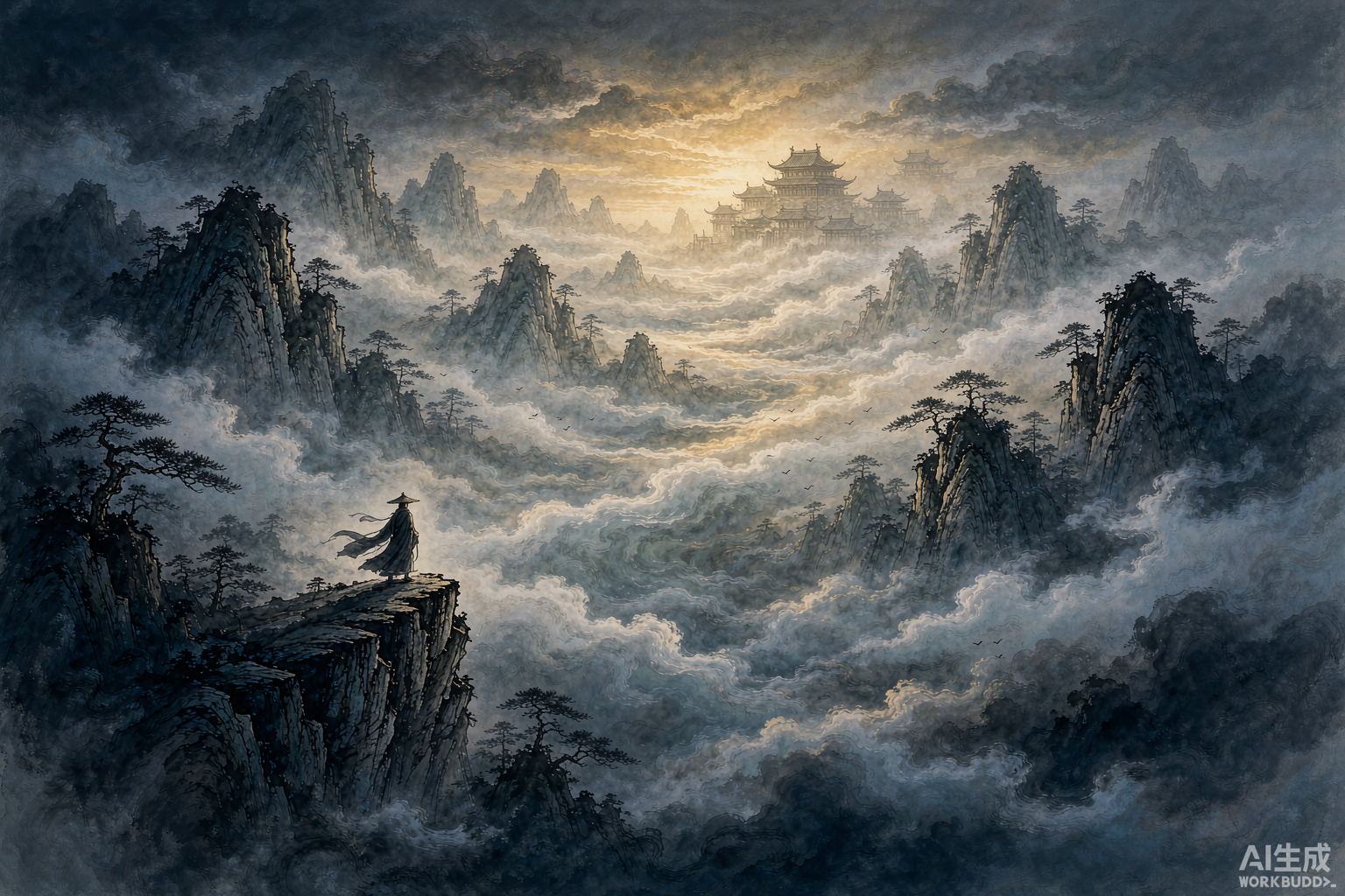 修士眺望云海深处仙山天宫的水墨意境图（粉丝自制插图）