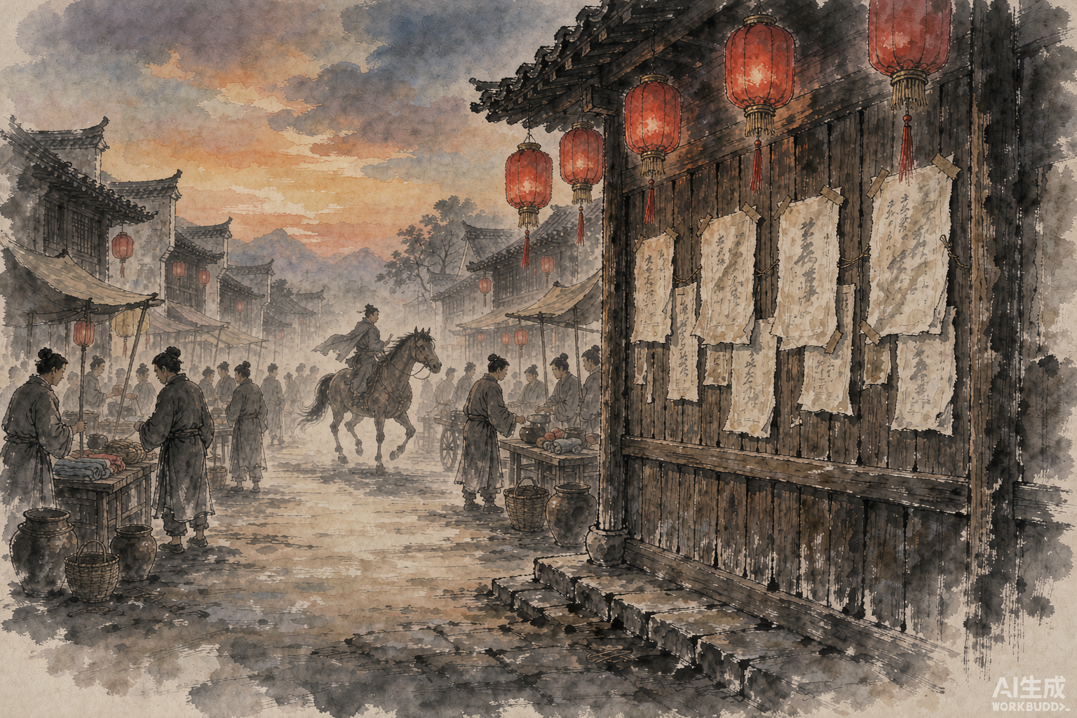 暮色中告示墙与红灯笼的水墨意境图（粉丝自制插图）
