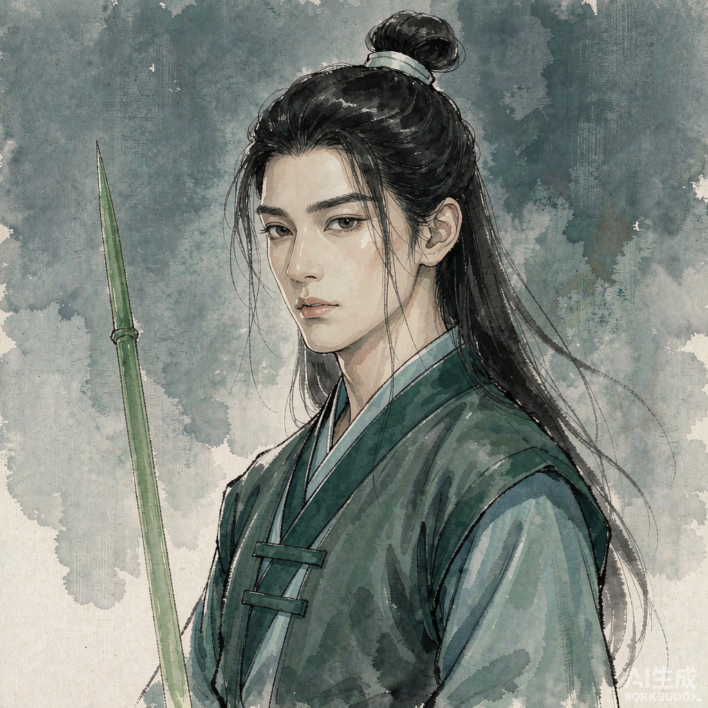 韩立粉丝二创形象示意图：青衫修士与竹绿色飞剑（依据小说描述原创设计，非官方形象）