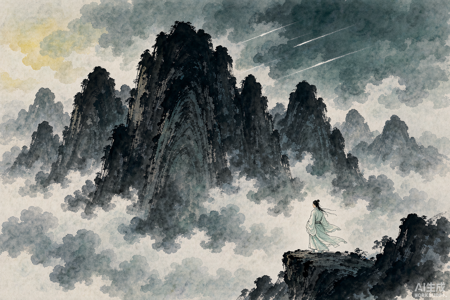 青衫修士立于山巅云海的水墨意境图（粉丝自制插图）