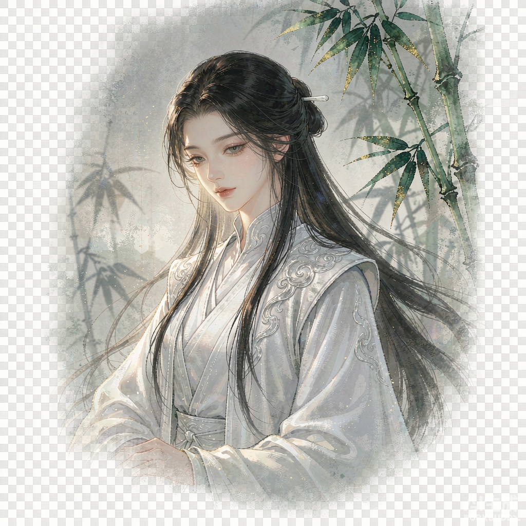 南宫婉粉丝二创形象示意图：月下竹影中的白衣女修（依据小说描述原创设计，非官方形象）