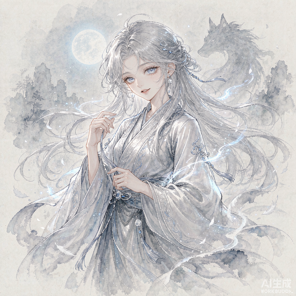 银月粉丝二创形象示意图：月光下的银发少女与银色狼影（依据小说描述原创设计，非官方形象）
