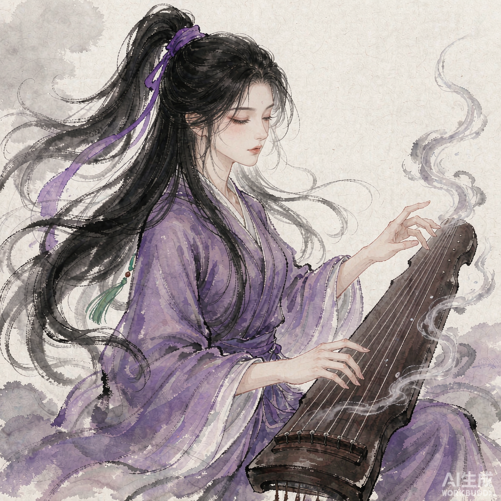 紫灵粉丝二创形象示意图：紫衣抚琴的女修（依据小说描述原创设计，非官方形象）